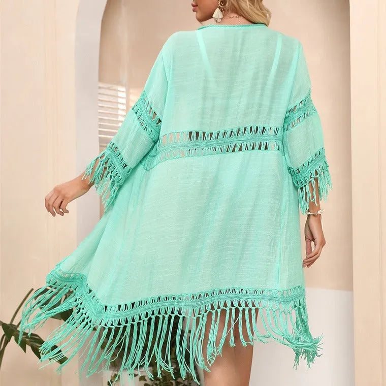 Hand crocheted yellow beach cover-up cardigan with tassel detail, loose fit for women