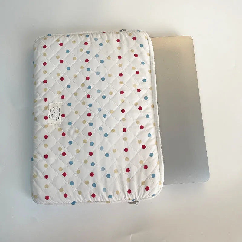 Women's polka dot polyester laptop bag showing three size options
