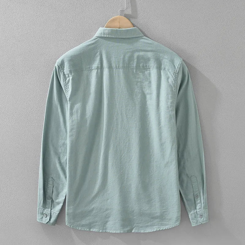 Men's Japanese cotton linen style long sleeve loose cardigan shirt in raw jute colour with button front