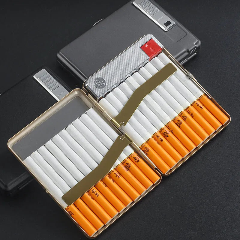 Classic flip charging cigarette case and lighter in metal, available in black gold and gray
