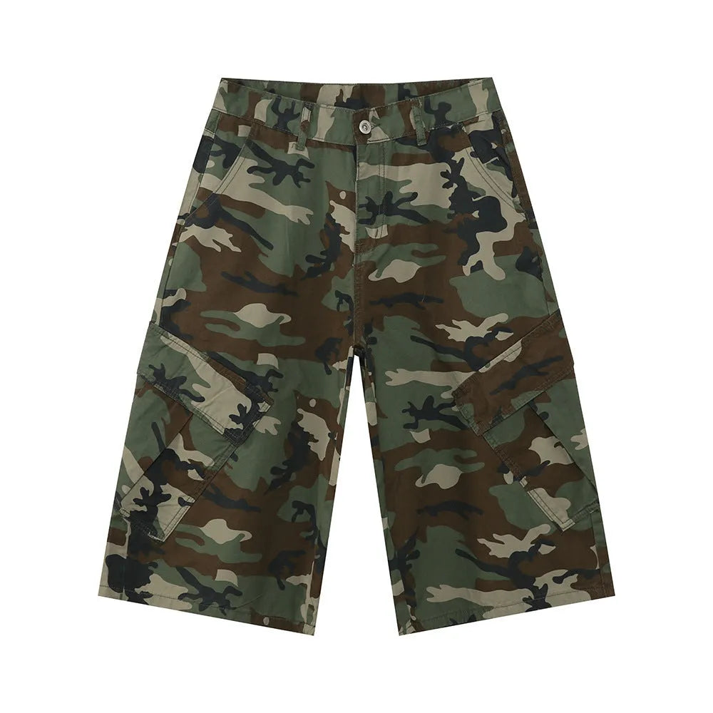 Men's cotton camouflage wide-leg loose fit cropped trousers with side stitching and large pockets