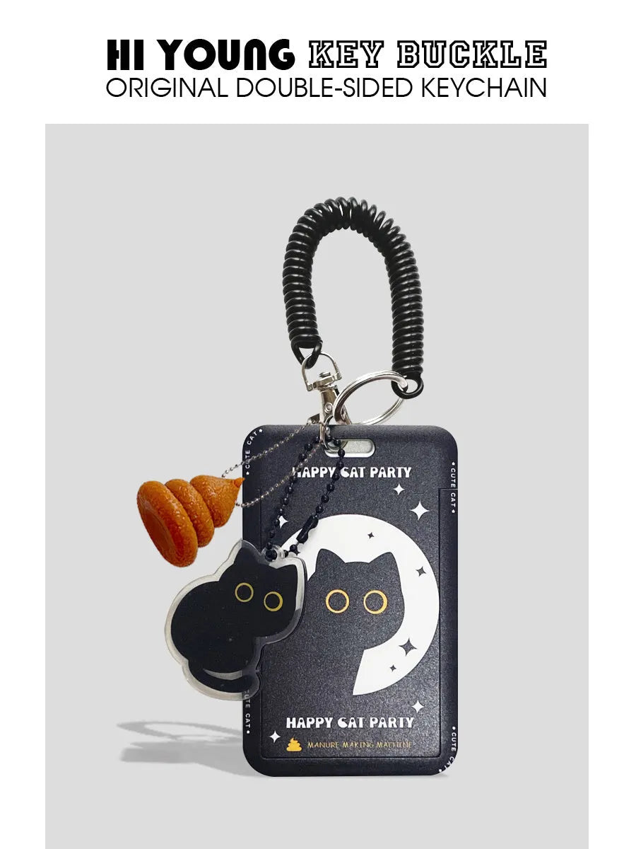 Plastic card holder with little black cat cartoon design and a metal ferrule pendant for attachment.