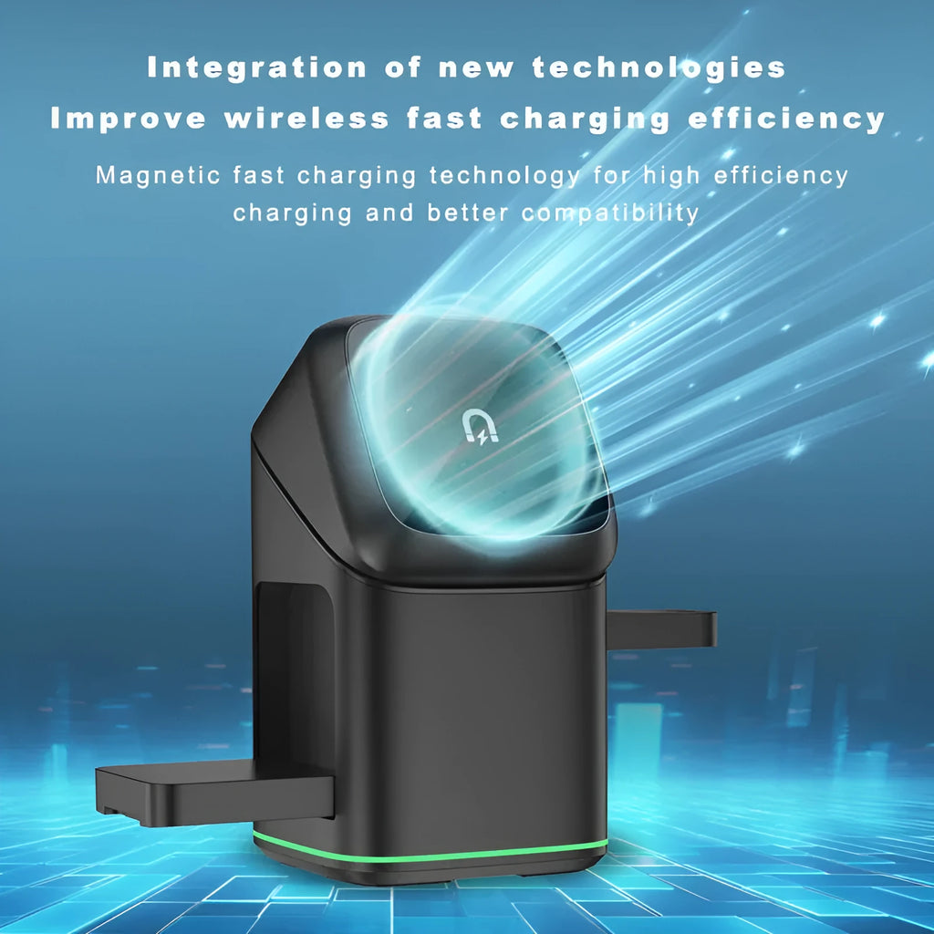 Three-in-one magnetic wireless charger touch in black charging an Apple phone, watch, and earbuds