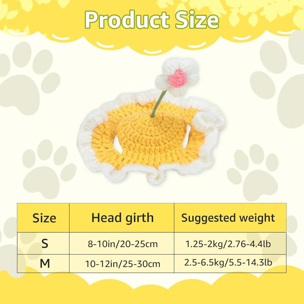 Knitted cartoon cat hat for small pets in green, pink, and yellow colours
