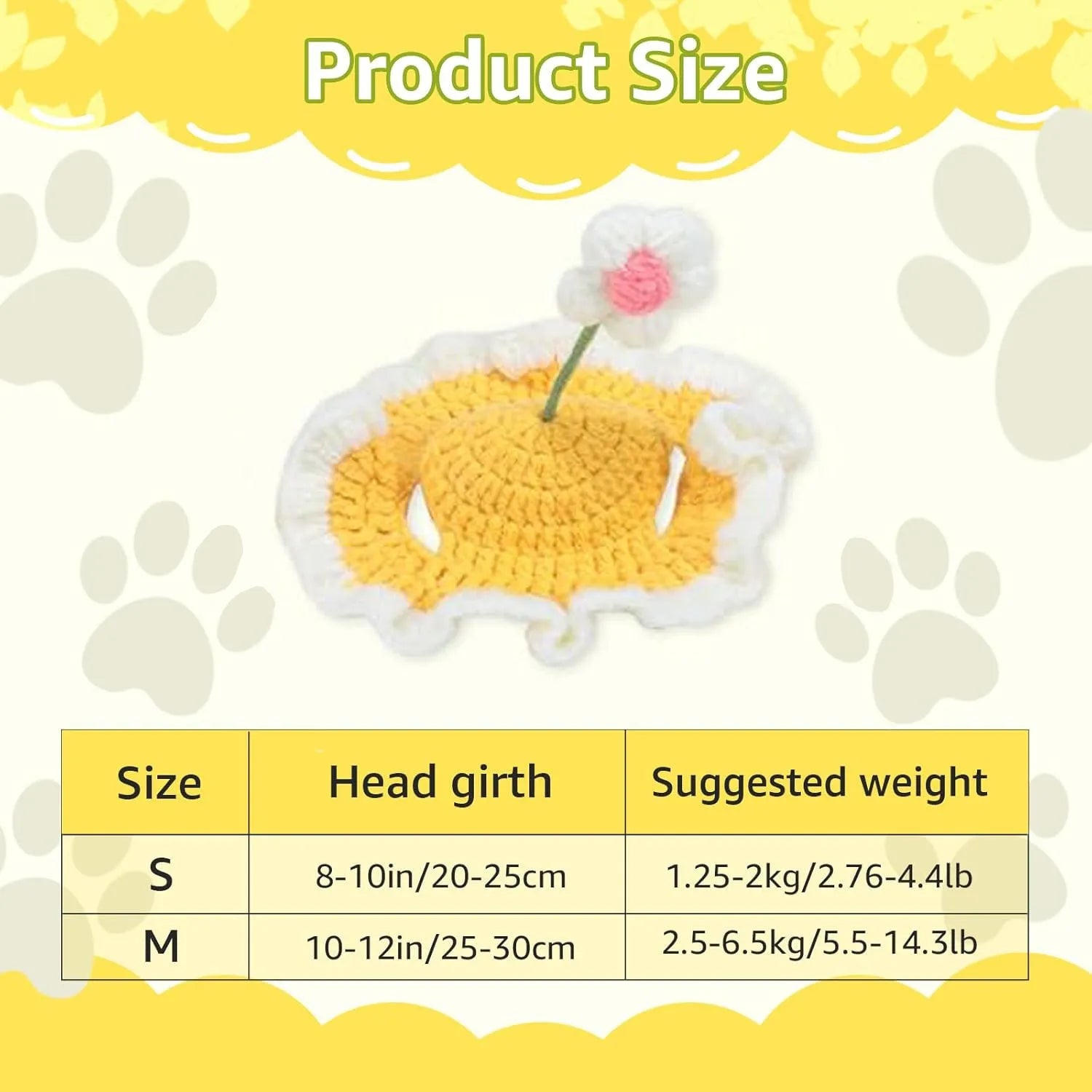 Knitted cartoon cat hat for small pets in green, pink, and yellow colours
