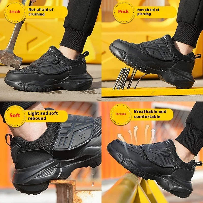Black men's steel toe safety work shoes with felt buckle closure on a light background