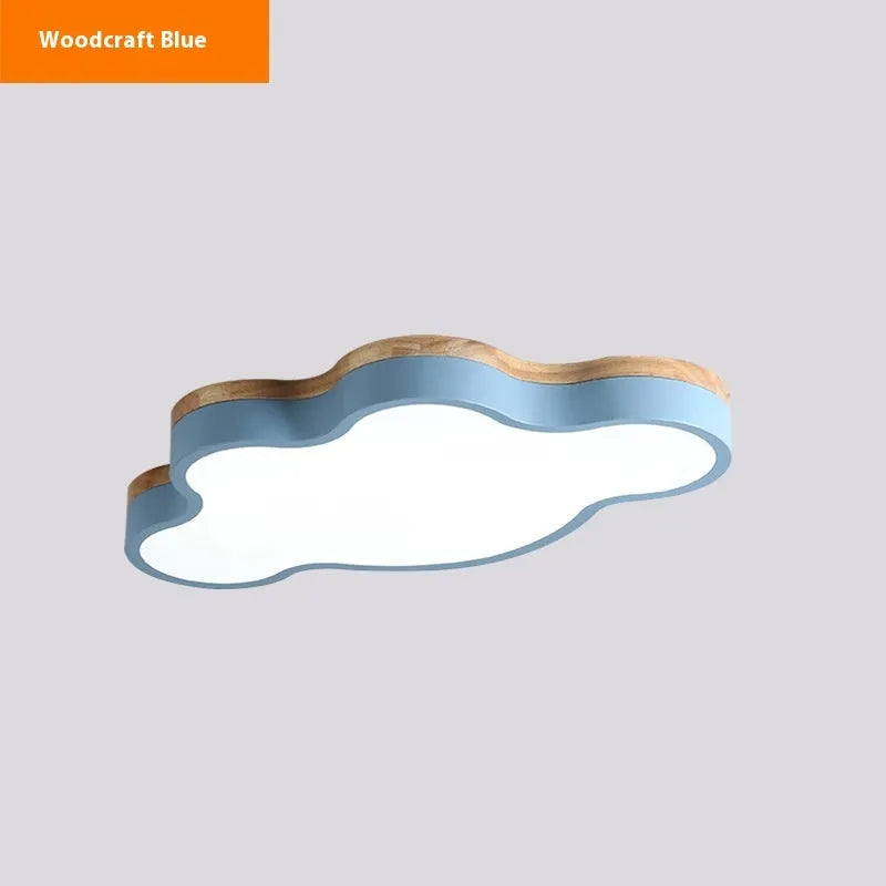 Modern cloud-shaped LED ceiling lamp in a wood tone colour, mounted on a white ceiling.