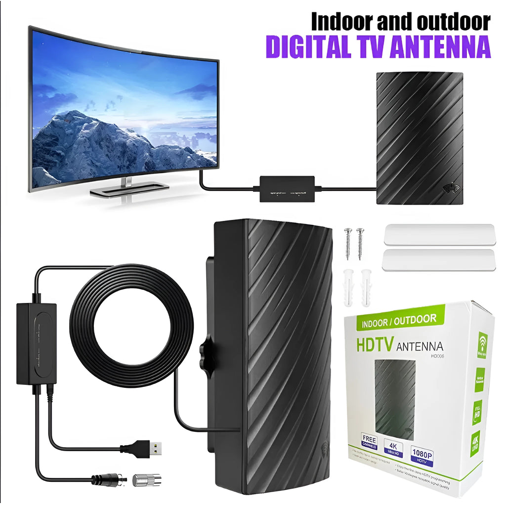 Black plastic digital television antenna with dimensions 18x16x7cm and mounting accessories