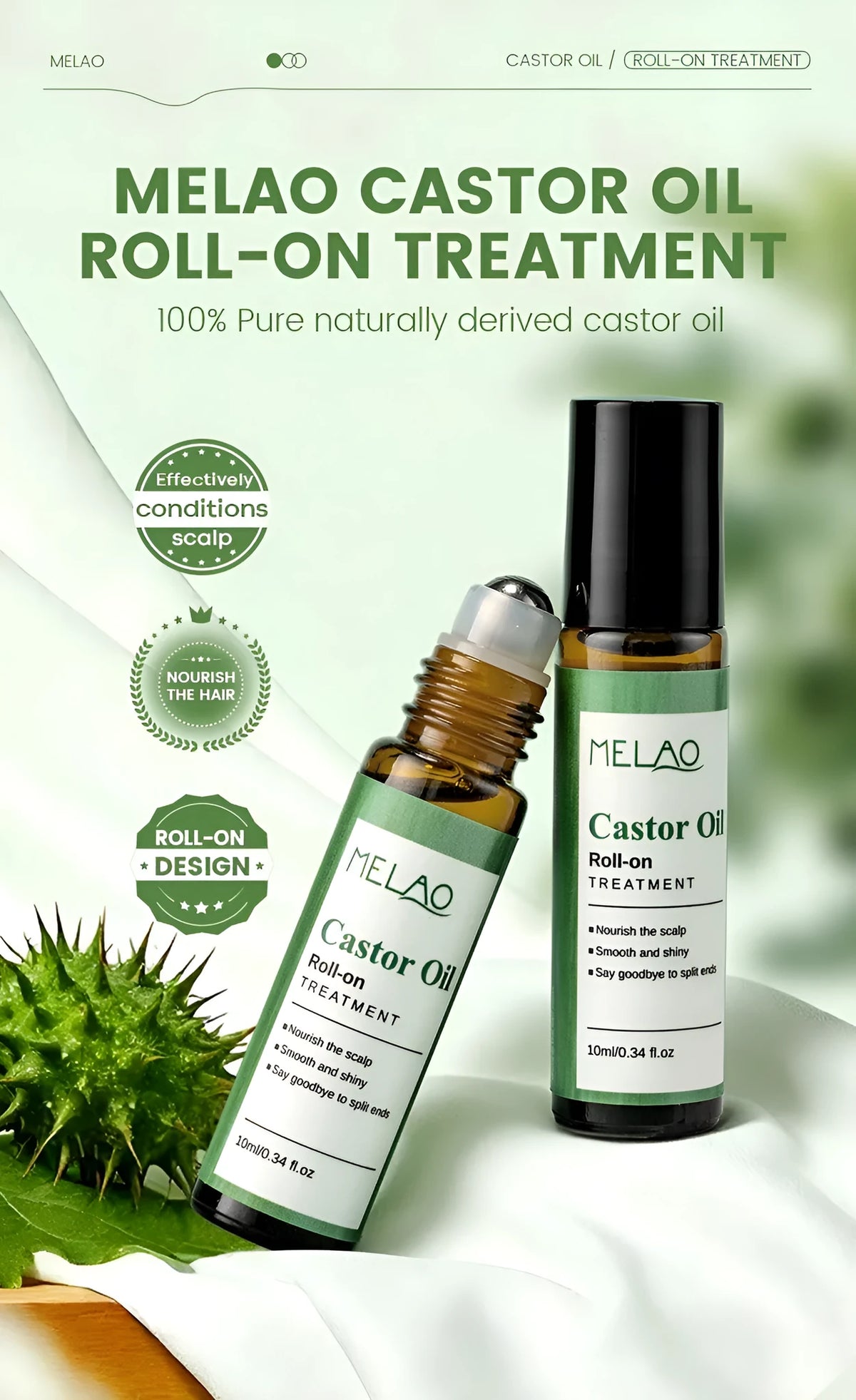 10ml castor oil roll-on essential oil with roll-on applicator for hair growth and scalp nourishment