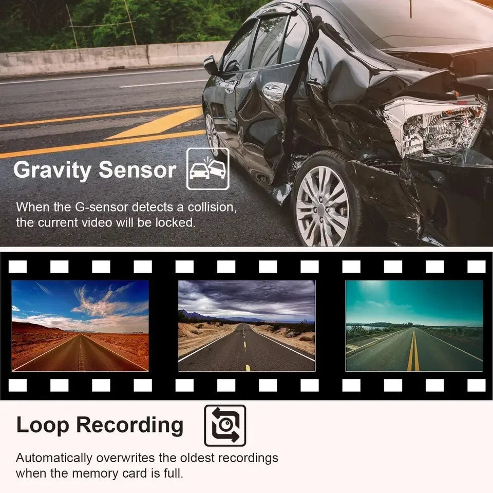 Black G50 dash cam with 3-inch touch screen shown mounted on a car windshield.