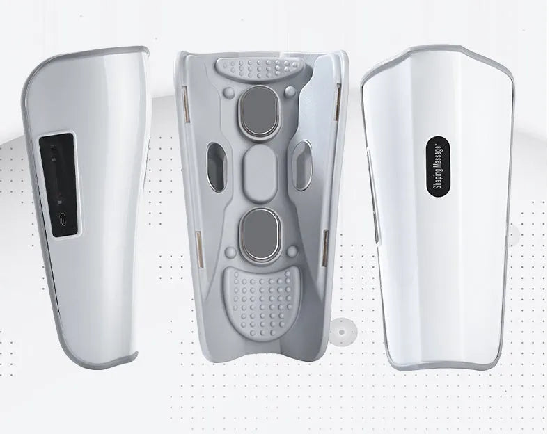 White plastic portable calf massager with mechanical control dials and a Type-C charging port.