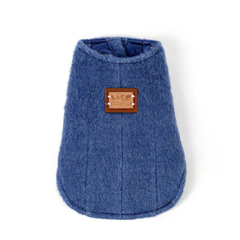 Small dog wearing blue Korean cashmere vest style cotton clothing for autumn and winter