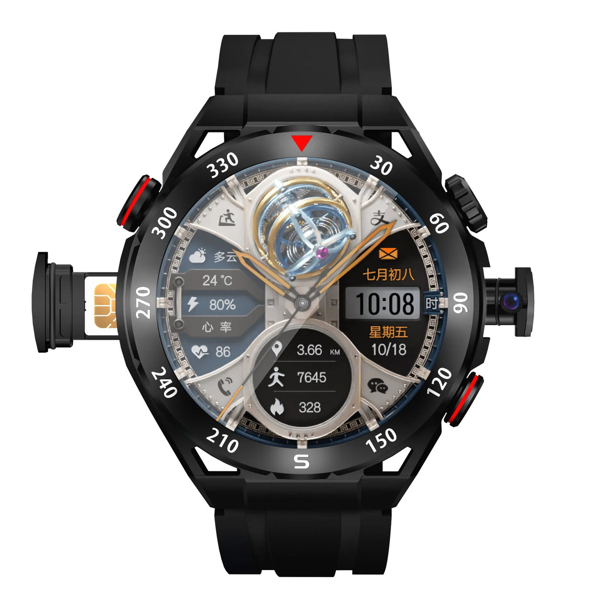 WS10 smart watch with AMOLED multi-touch screen, 128GB memory, black or black gold colour