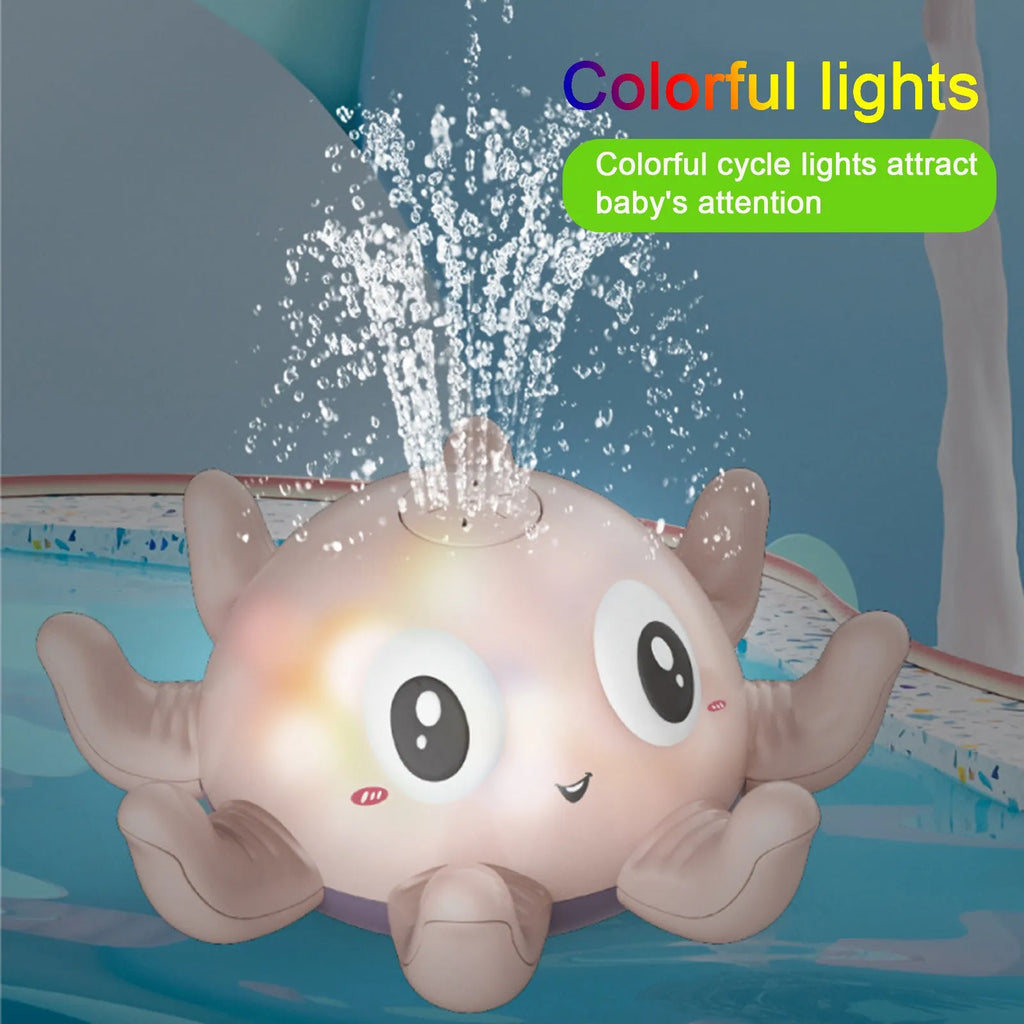 Blue automatic water spray bath toy shaped like an octopus with flashing lights, for baby bath time.