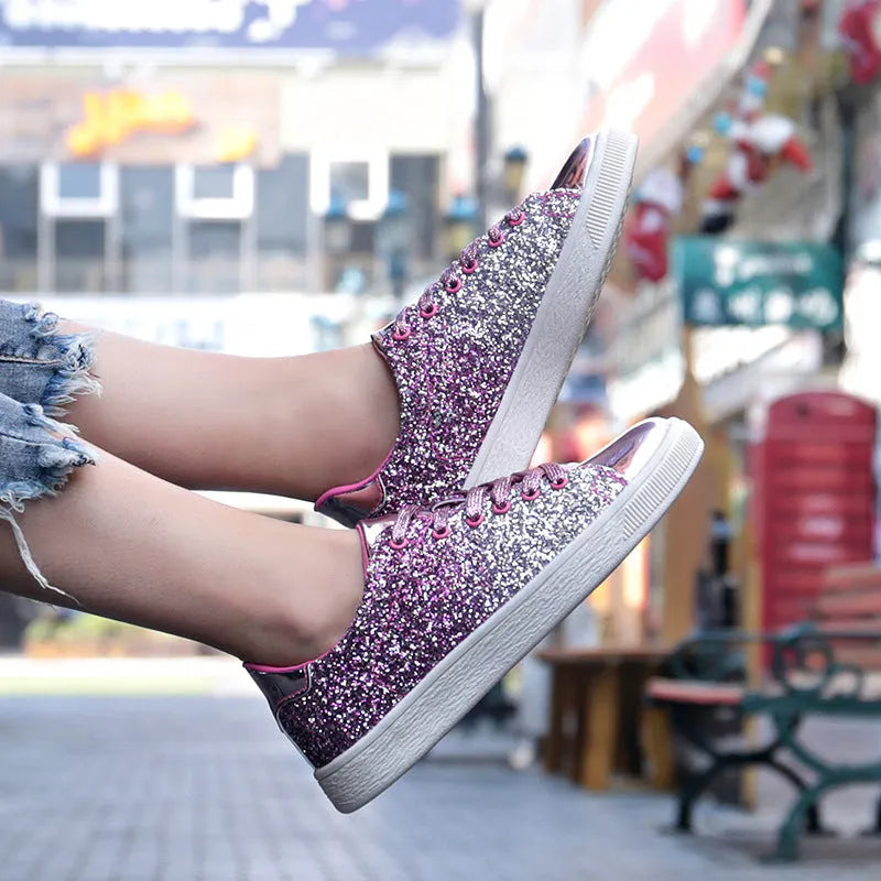 Women's casual low-top sequin shoes in gold with lace-up front and round toe.