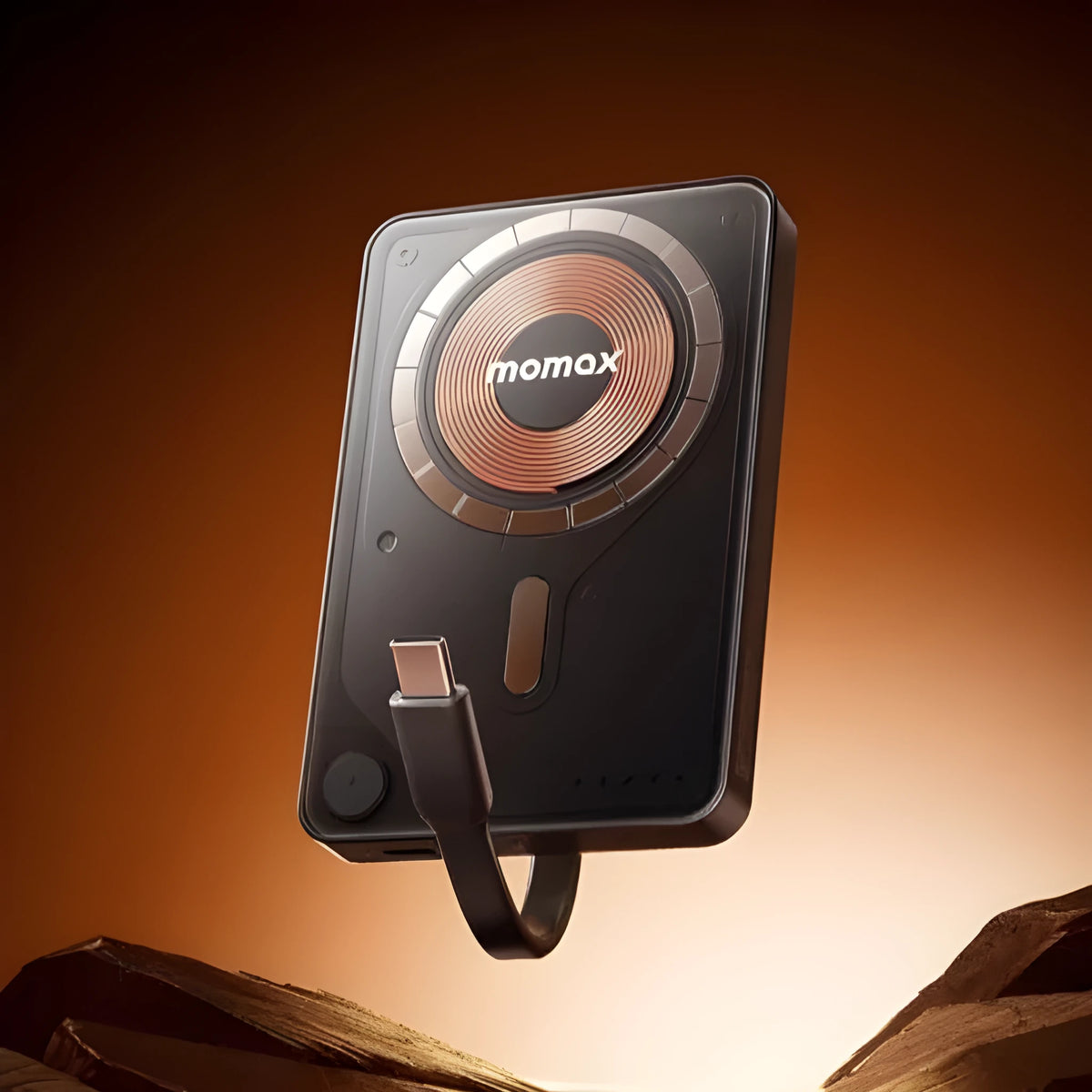 Magnetic power bank with transparent bracket and built-in cable in Mysterious Black colour