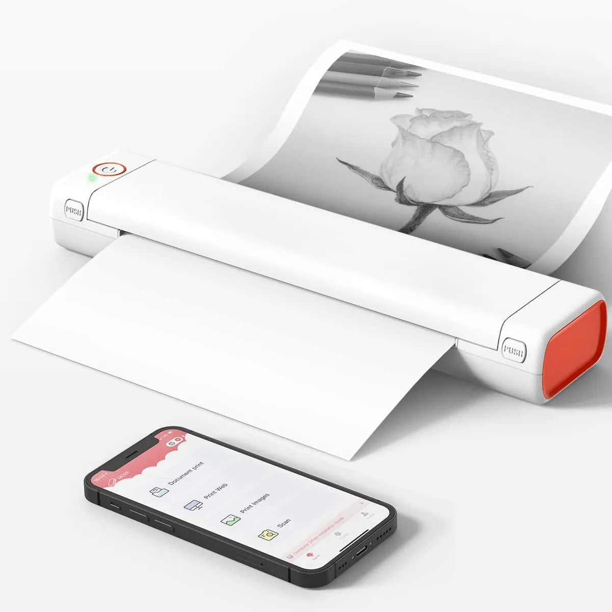 Phomemo M08F A4 portable thermal printer in silver black colour on a desk