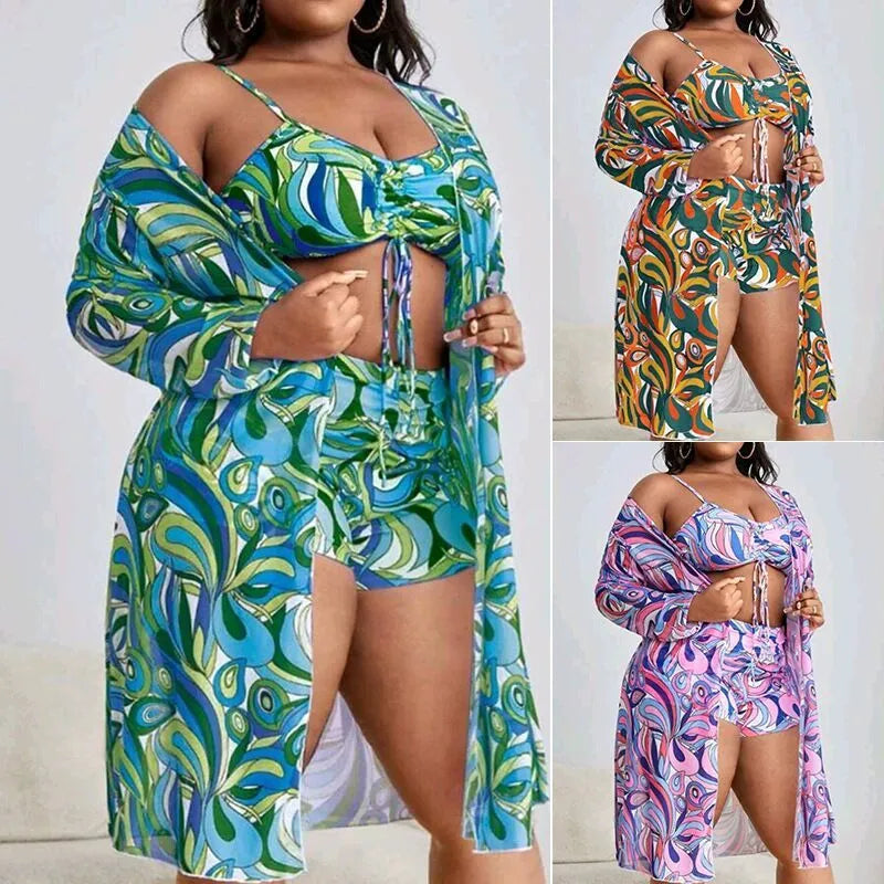 Women's floral print bikini three-piece set with bra, briefs, and cardigan cover-up.
