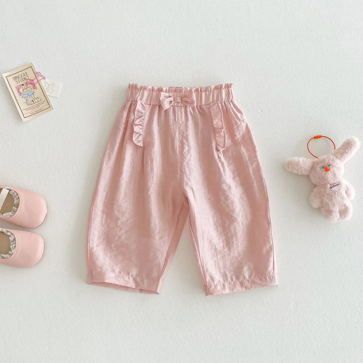 Girls' bow anti-mosquito cotton casual trousers, mid waist, rubber pink or cream beige, heights 73-120cm