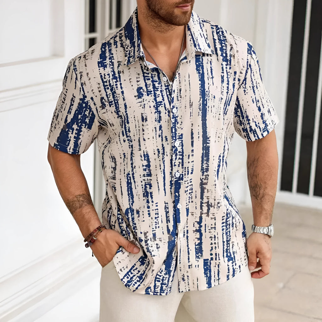 Man wearing a casual blue striped short sleeve polyester shirt for summer