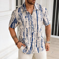 Man wearing a casual blue striped short sleeve polyester shirt for summer