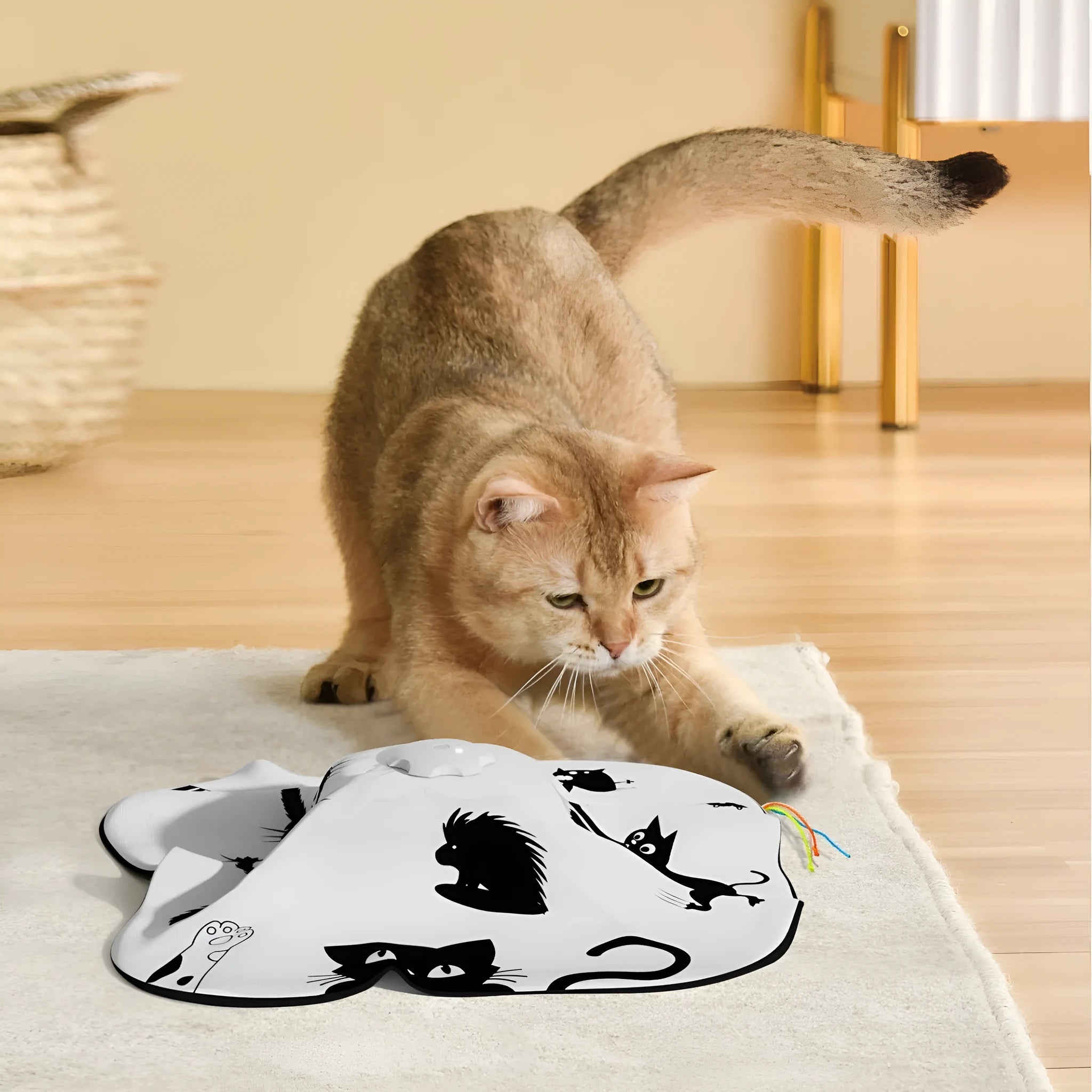 Plastic self-moving cat teaser toy measuring 19.8 x 11.5 x 19.5 cm in picture colour