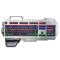 Silver metal panel professional gaming keyboard with built-in wrist splint on a desktop.