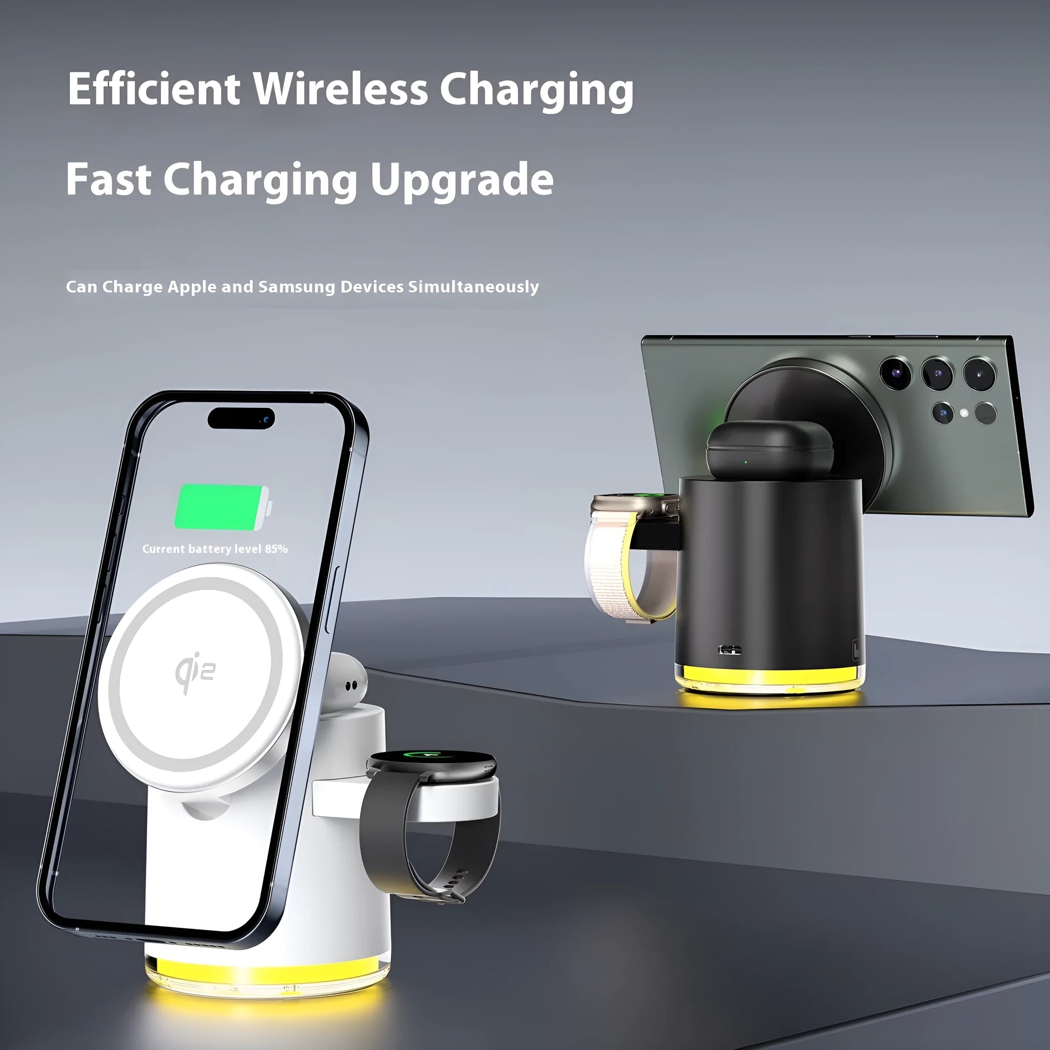 C16 magnetic folding three-in-one wireless charger showing ivory white and black versions