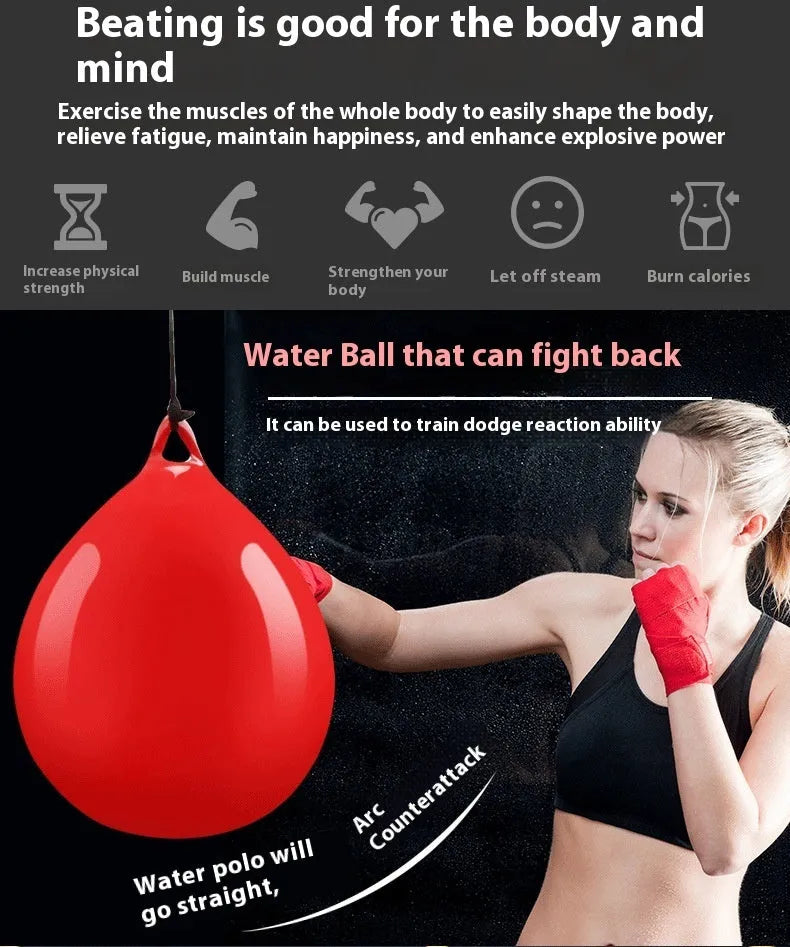 Red water-filled boxing reaction ball with hook rope attachment for martial arts training