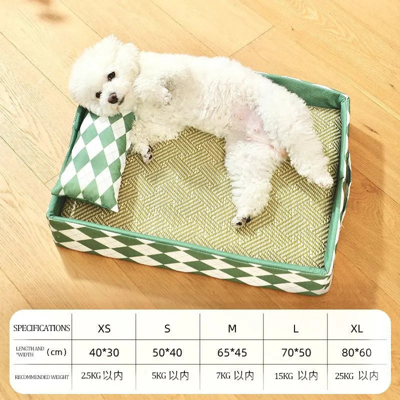 Blue rattan cat bed with attached washable fabric pad, shown in a medium size.