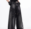 Black and grey Korean-style wide leg denim trousers with matching vest top laid flat.