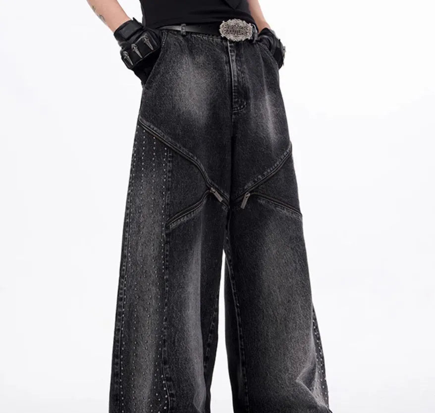 Black and grey Korean-style wide leg denim trousers with matching vest top laid flat.