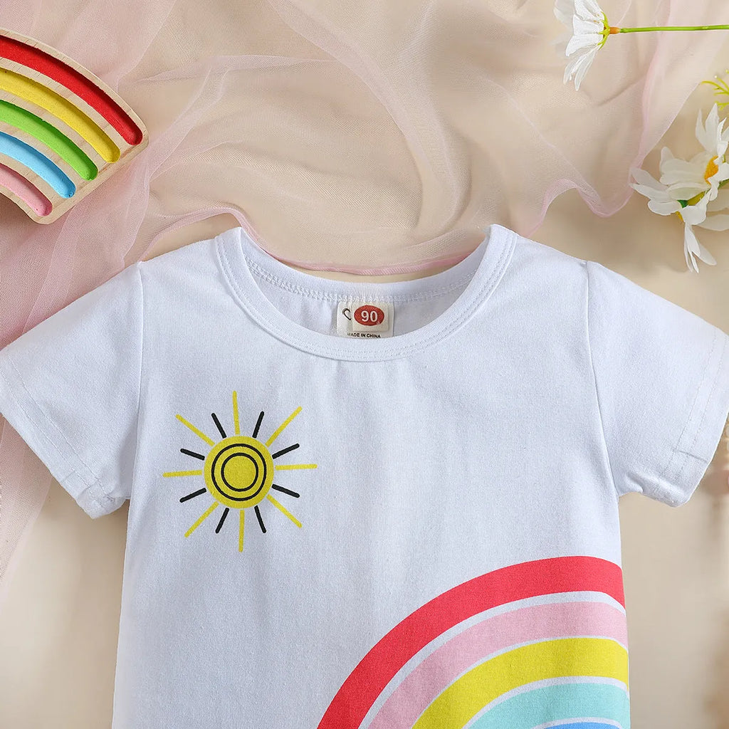 Girls' rainbow striped short-sleeved top and denim shorts two-piece summer set in Picture Style