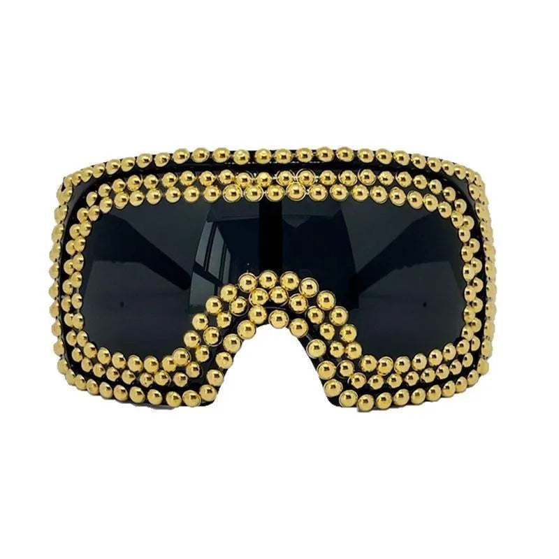 Men's personality punk sunglasses with a super large square frame and silver rivet details.