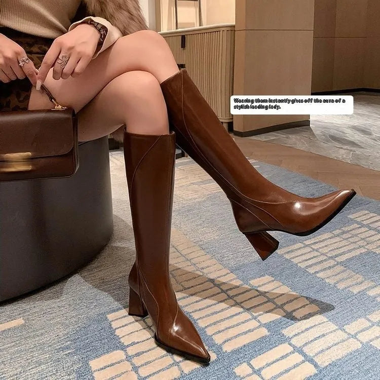 Retro Maillard women's high heel riding boots in black, brown, or wine red with waterproof platform soles