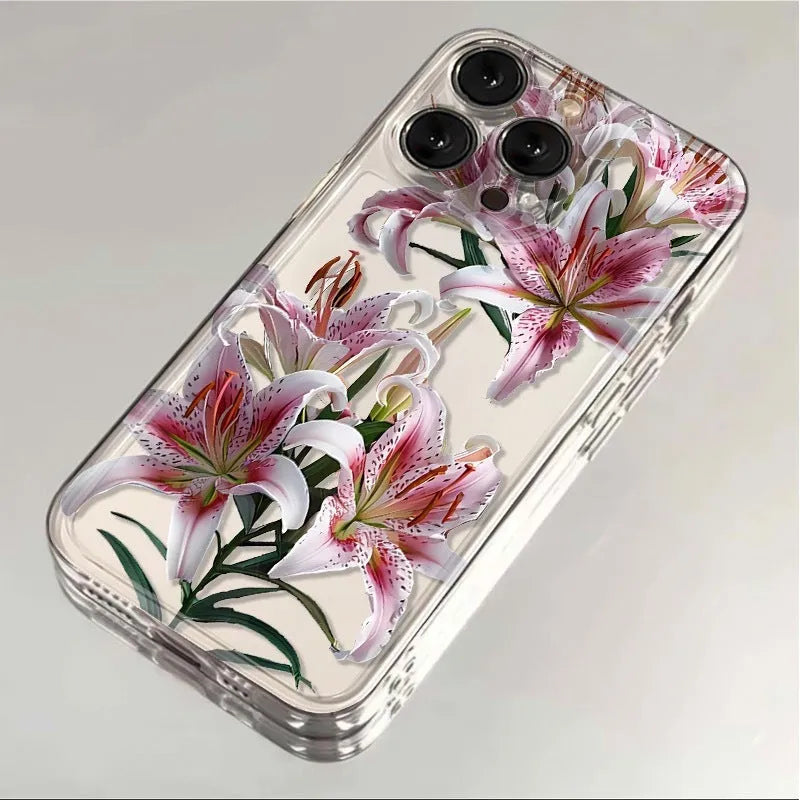 Transparent TPU phone case with embossed lily design, anti-fall back cover for iPhone models