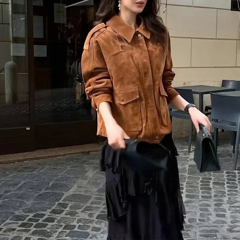 Women's street chic suede coat in bright brown colour with regular sleeves