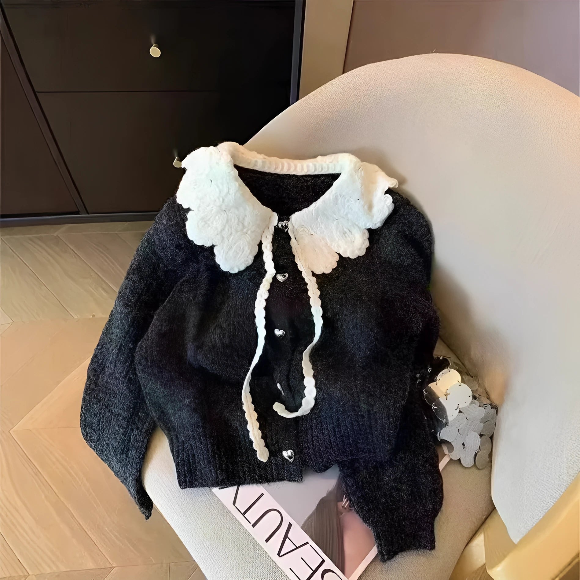 Black French style doll collar college style thick knit cardigan sweater loose fit