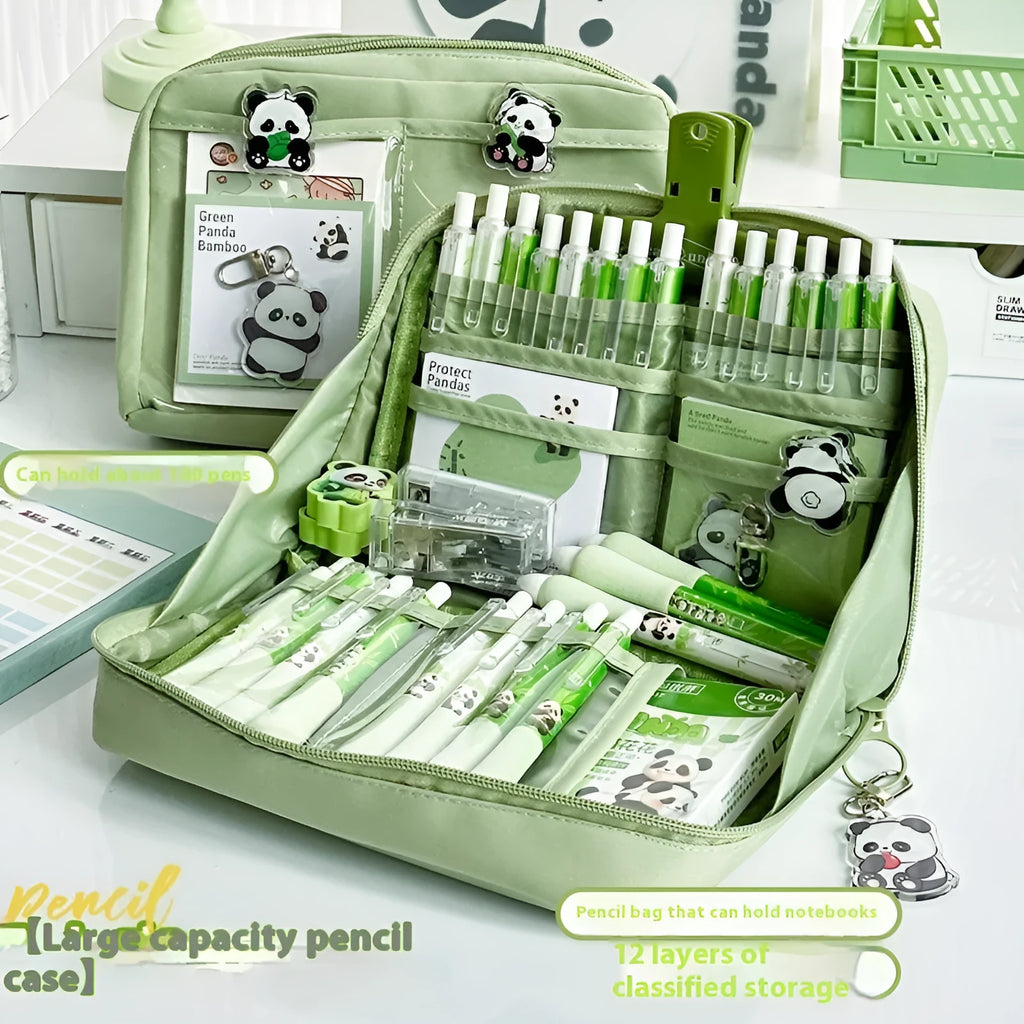 Green canvas panda pencil case with 12 internal storage layers for stationery organisation.