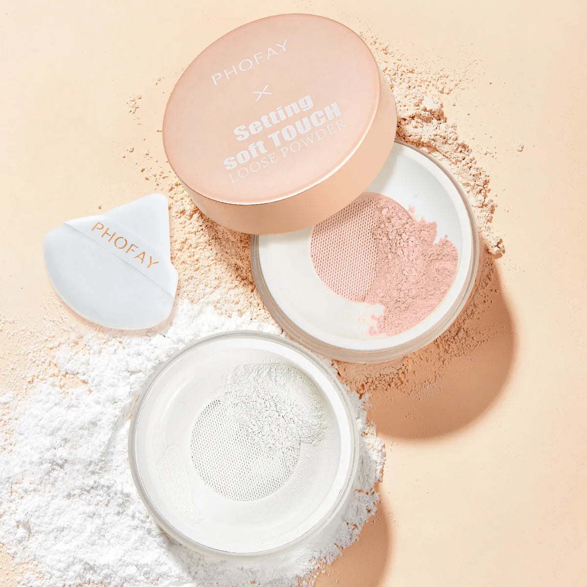 PHOFAY Setting Soft Touch Loose Powder 10g pot with net sifter and set point puff on white background