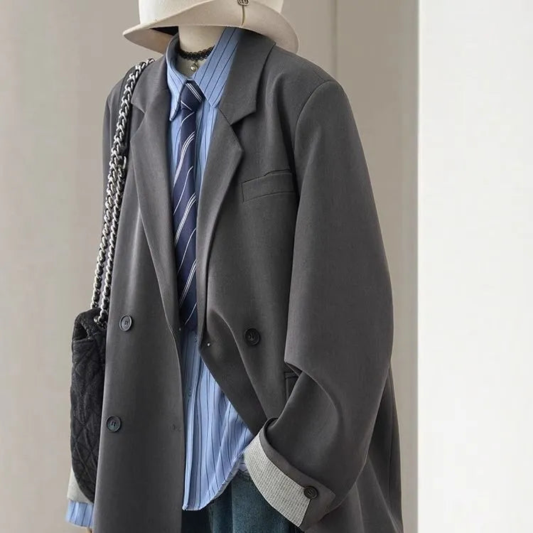 Casual loose slimming retro jacket with pockets in gray, made from polyester, front view