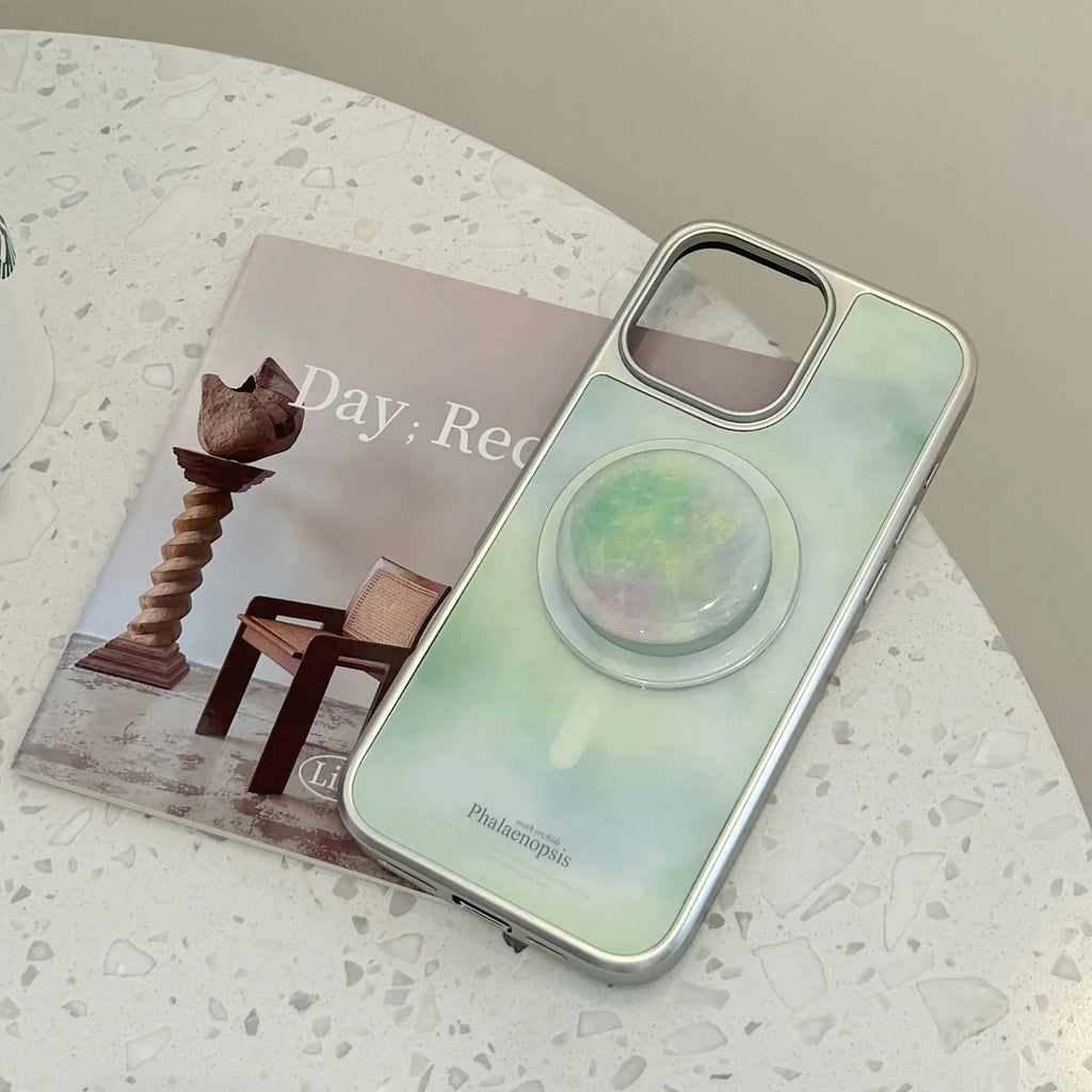 Green stone pattern phone case with silver electroplated edge and magnetic suction bracket for Apple iPhone