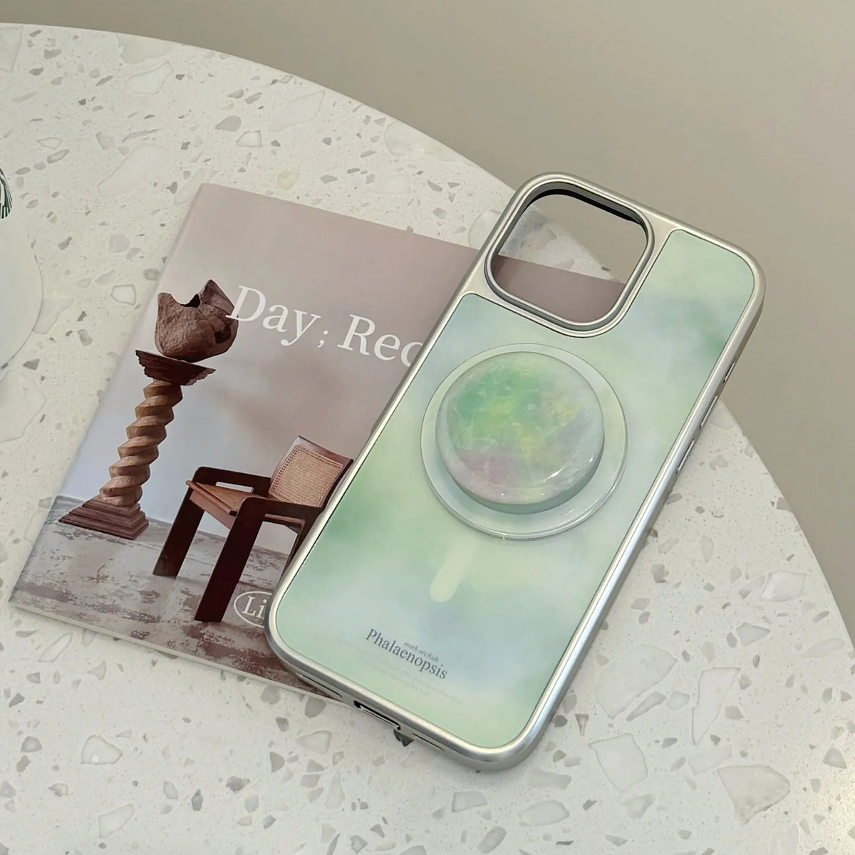 Green stone pattern phone case with silver electroplated edge and magnetic suction bracket for Apple iPhone