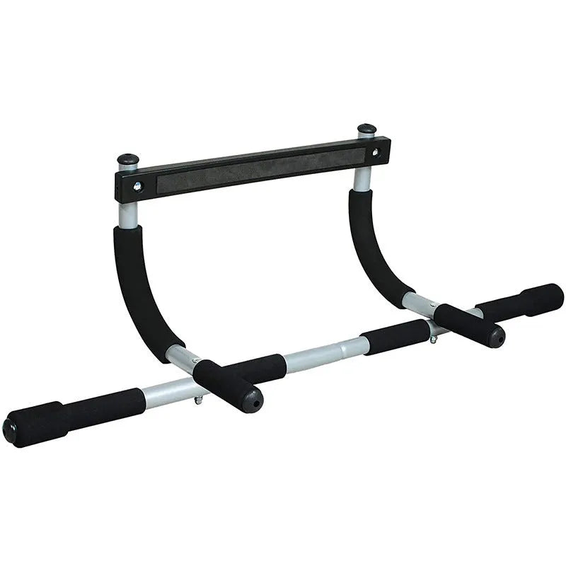Black steel pipe indoor pull-up bar mounted on door frame for single and double poles exercises