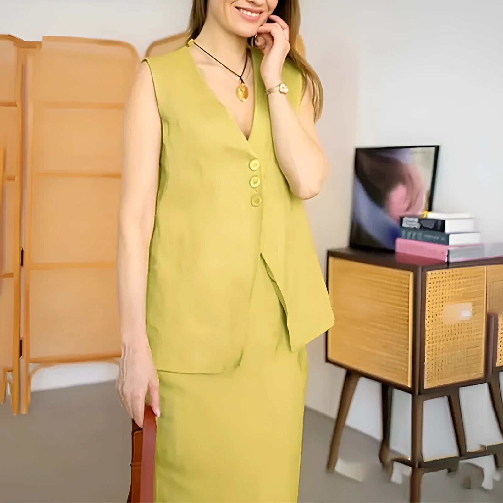 Women's sleeveless vest and long skirt two-piece suit in blue, white, or yellow polyester fabric