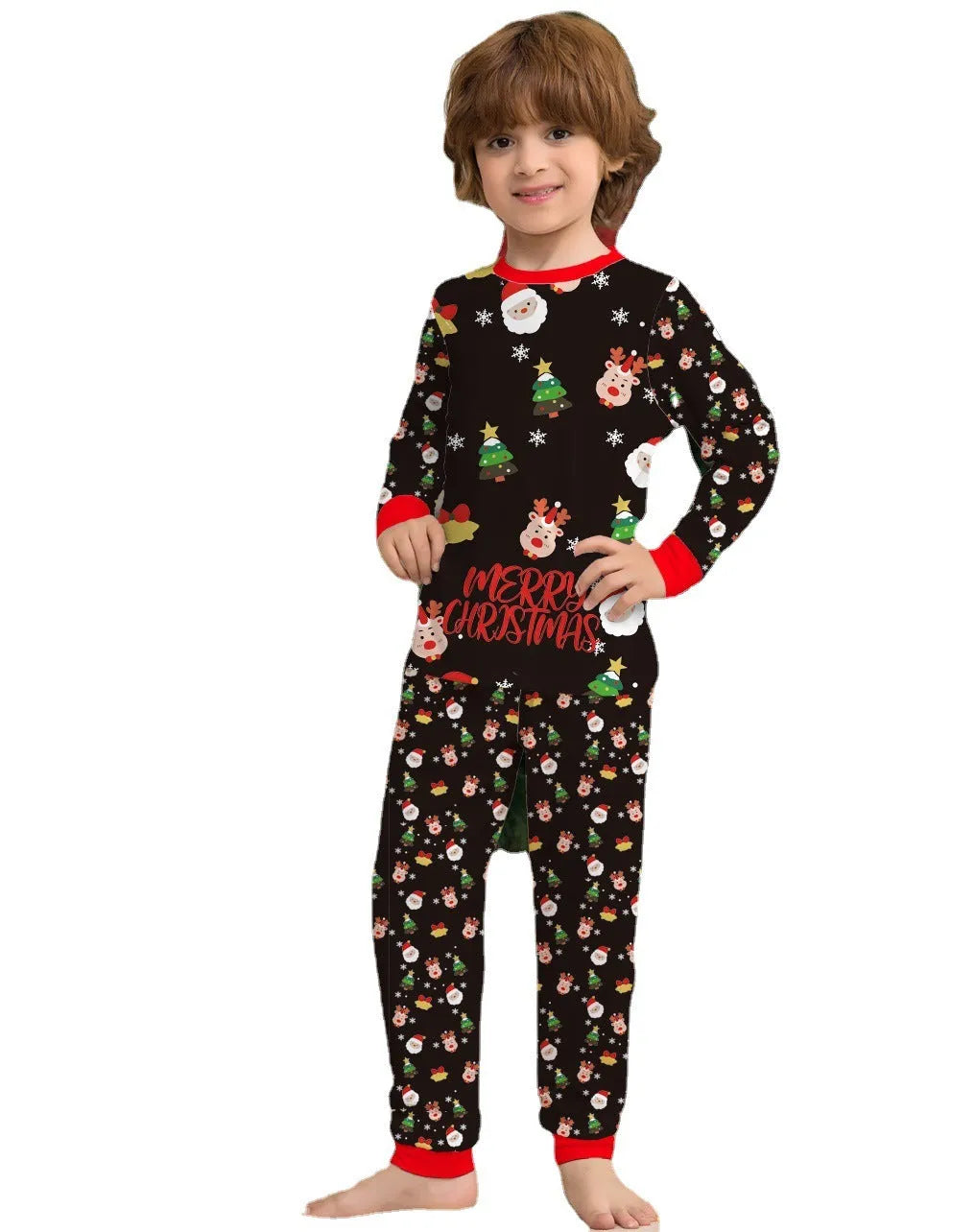 Family Christmas matching pajamas set in cotton plaid print showing coordinated adult, child and pet sizes
