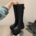 Women's black tall knight boots with chunky heel, round toe, and front lace-up closure