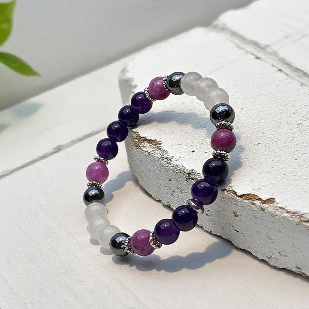 Amethyst purple mica hematite white crystal bracelet with 8mm natural stone beads and coloured glaze, unisex style