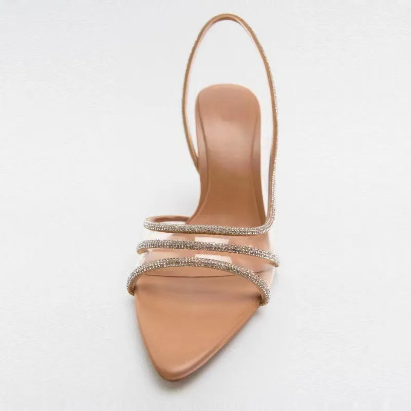 Apricot pointed toe women's high heels with PVC upper and rubber sole, shown in sizes 35 to 42