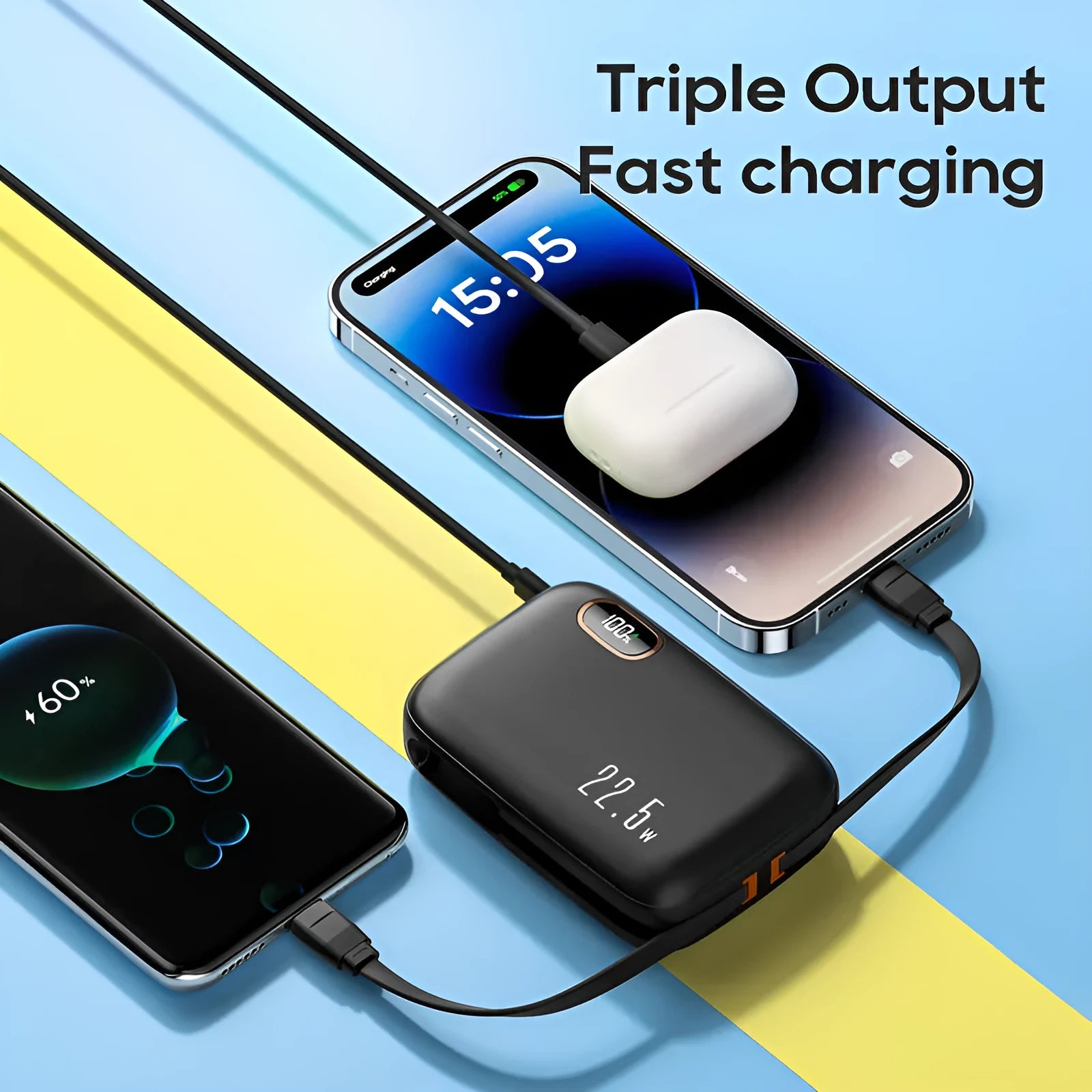 PD22.5W fast charging power bank with digital display and cable, 10000mAh, black plastic shell